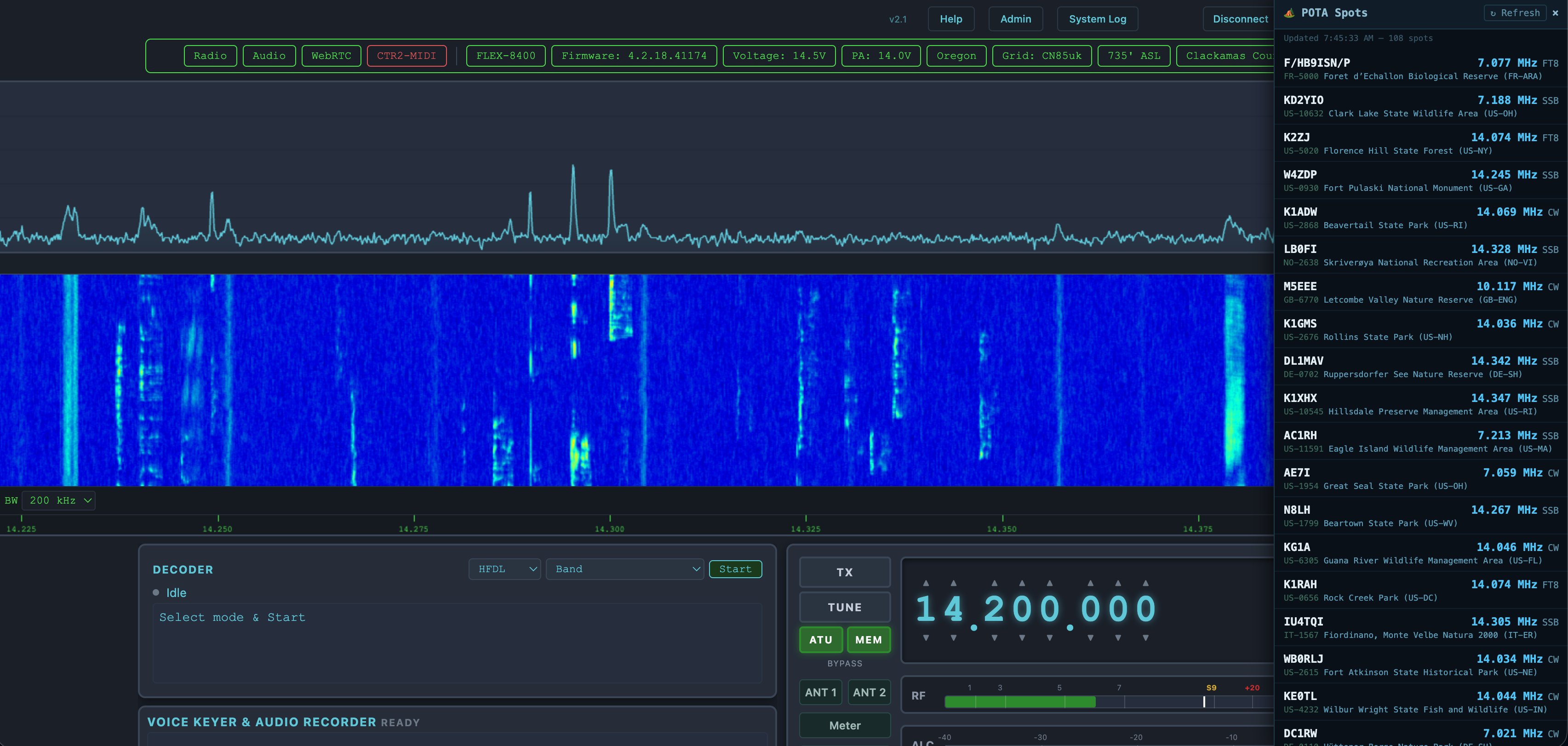 XMIT Remote Radio console showing panadapter, waterfall and decoder controls